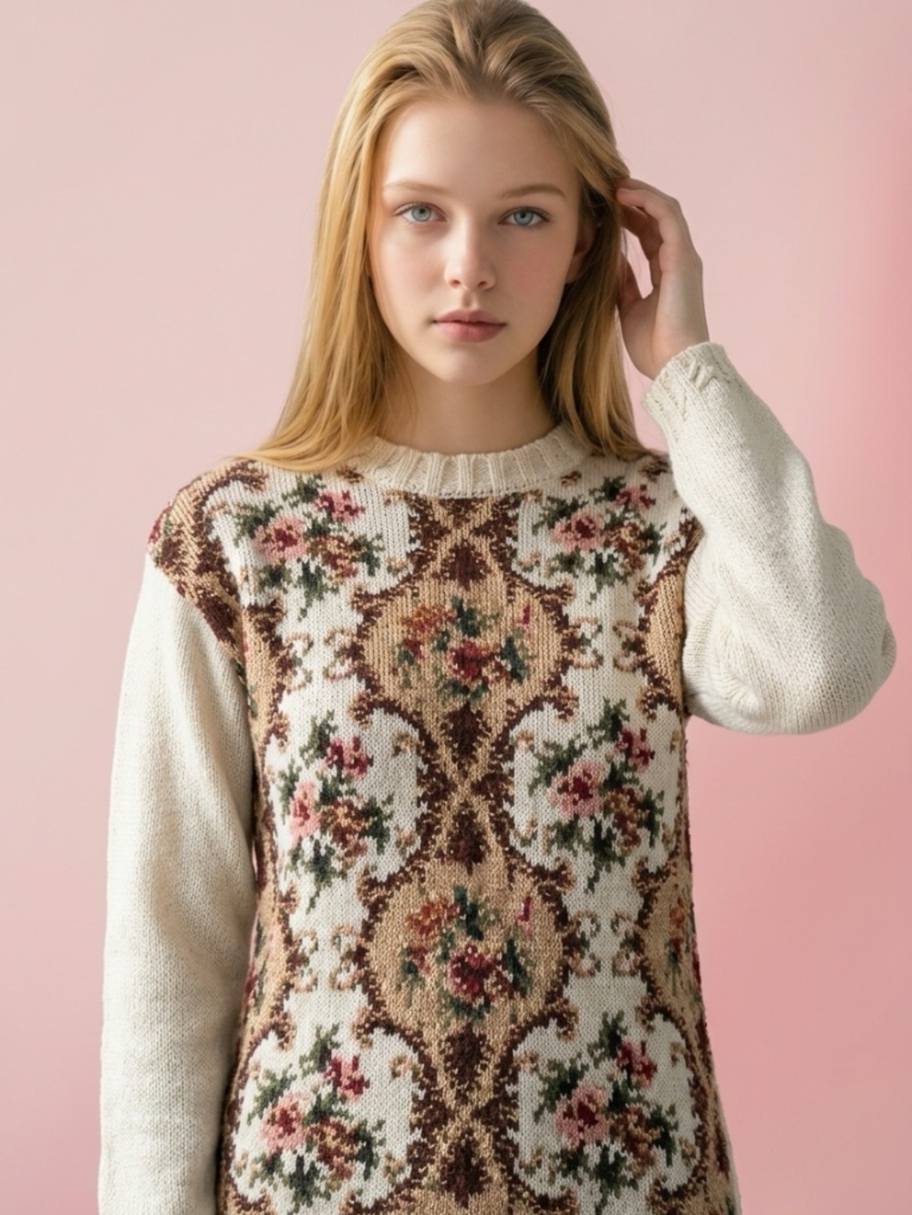 Carolyn Taylor Floral Vintage Ecru Cottagecore Ramie & Cotton Knit Sweater -M